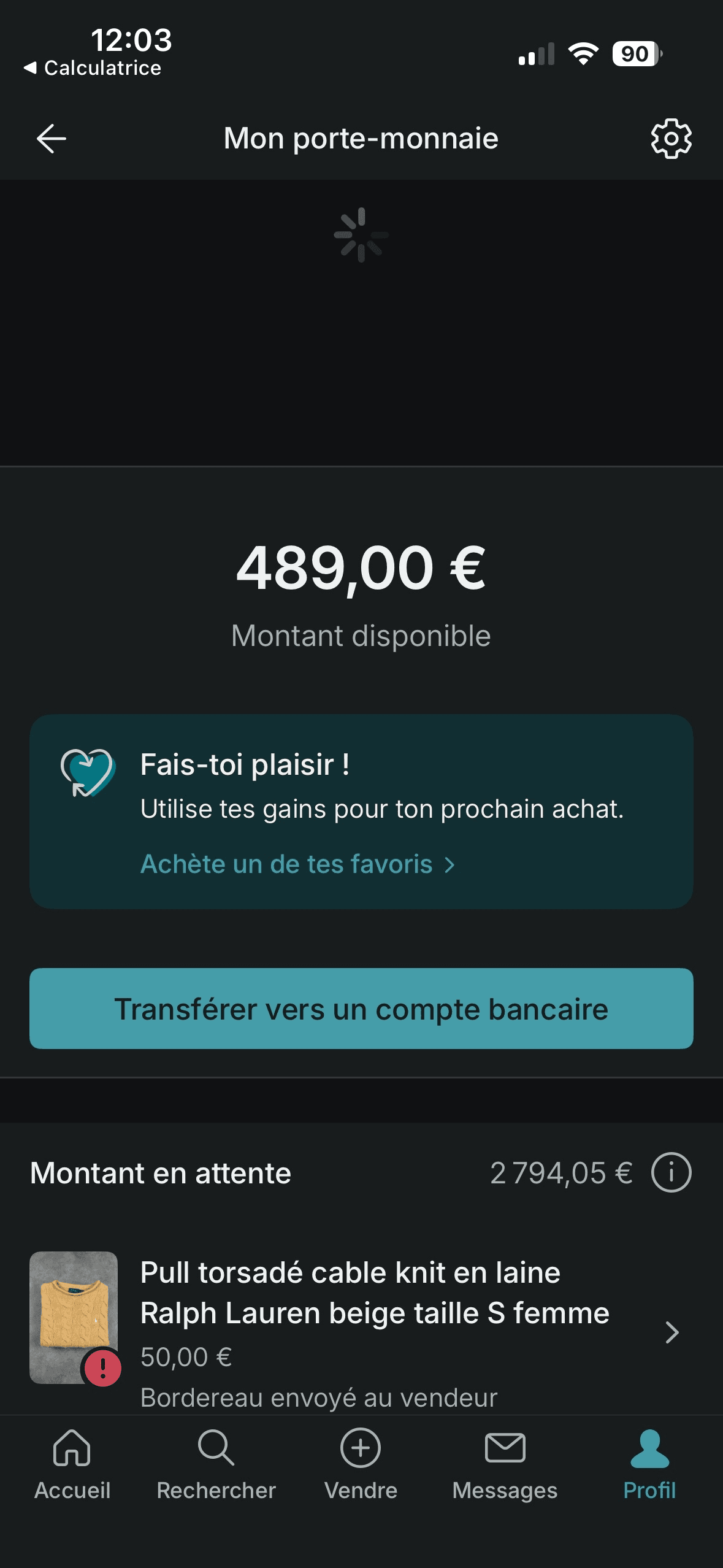 Porte-monnaie Vinted sur mobile : 489 € disponibles et 2 794 € en attente
