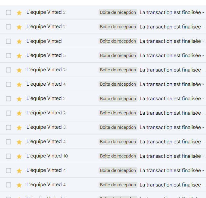 Boîte mail remplie de notifications Vinted « la transaction est finalisée »