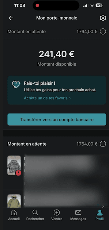 Porte-monnaie Vinted sur mobile : 241 € disponibles et 1 764 € en attente