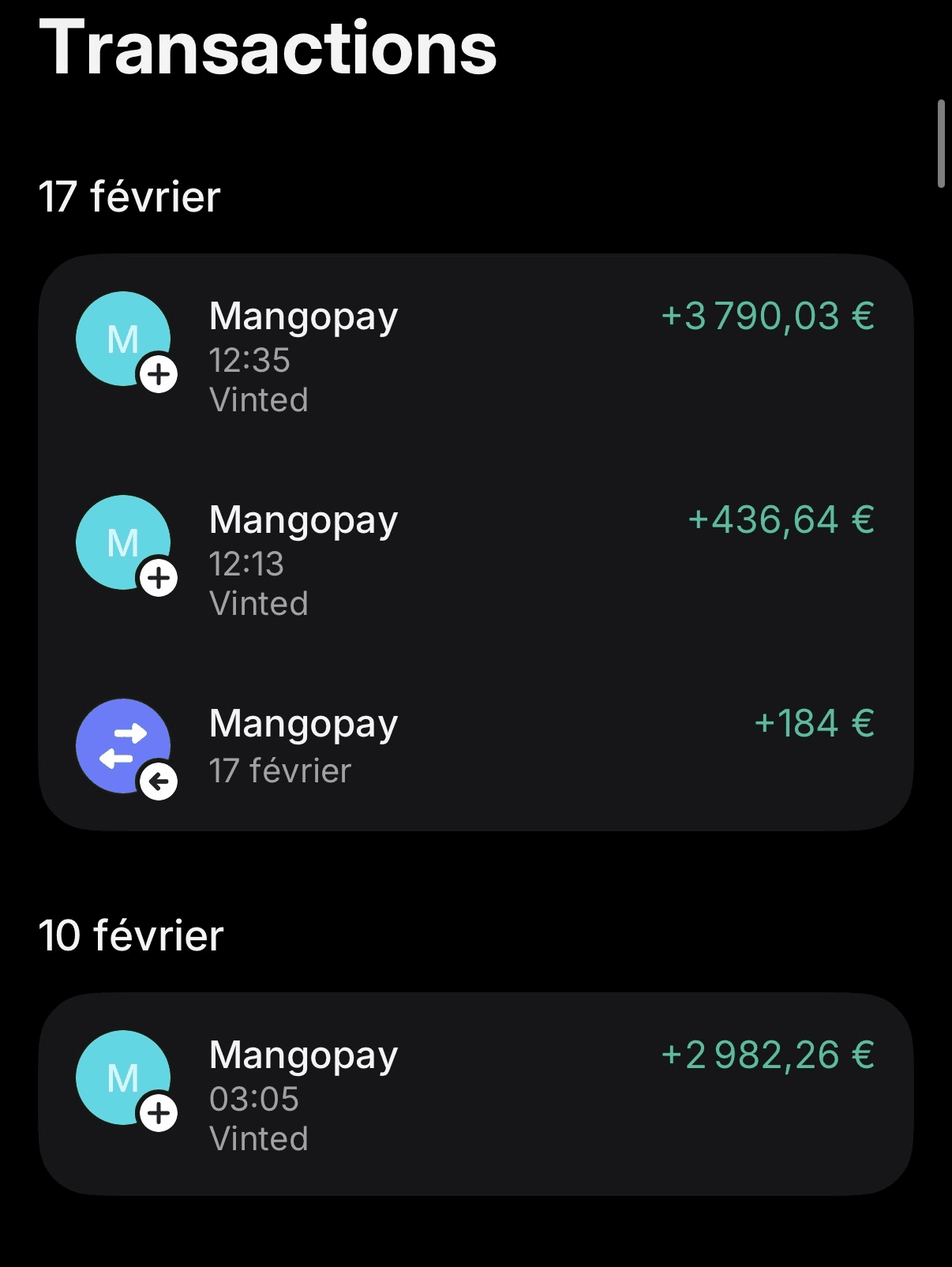 Virements Vinted reçus sur le compte bancaire : +3 790 €, +436 € et +2 982 €
