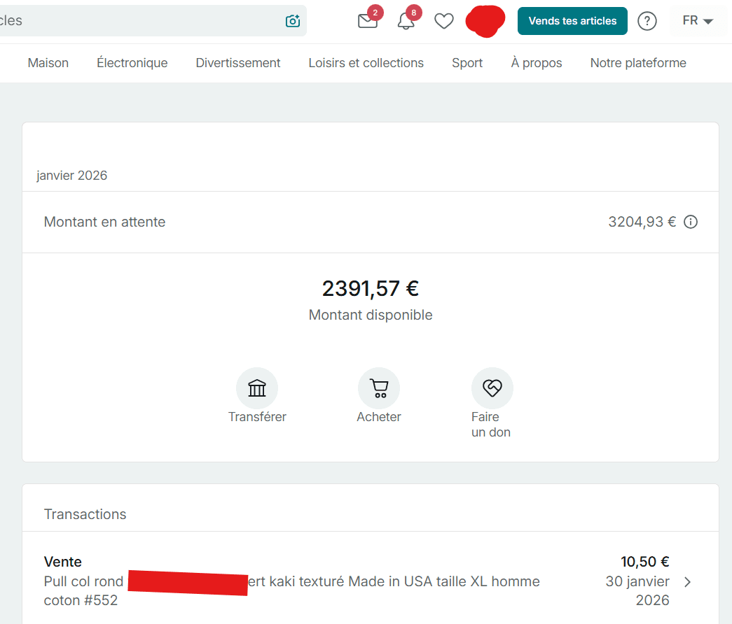 Porte-monnaie Vinted en janvier 2026 : 2 391 € disponibles et 3 204 € en attente